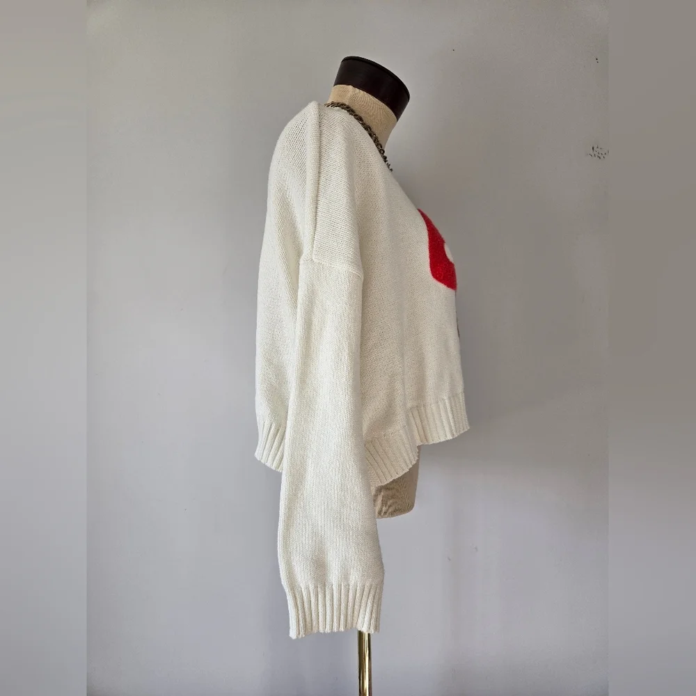 moon & madison Cream Knit Crop Sweater with Red Mushroom . Size Small - Picture 6 of 13